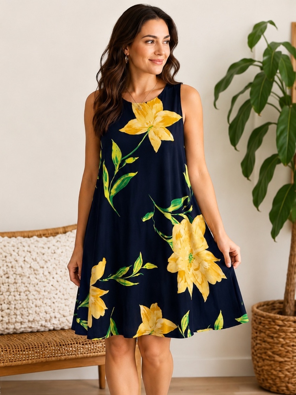 Anne Klein Navy Slip Dress with Yellow Floral Motif